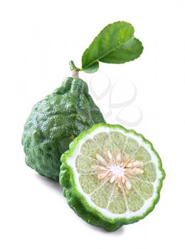 Fresh kaffir lime with leaf isolated on white background 