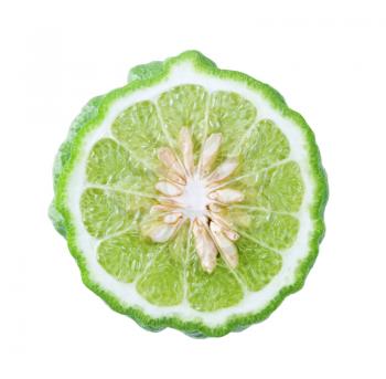 Slice of fresh kaffir lime isolated on white background