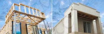 New residential construction home framing in development  against a blue sky