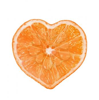 Slice of fresh orange heart shaped  isolated on white background 