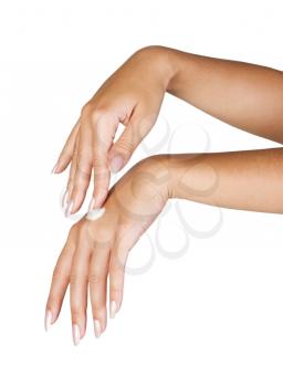Two woman hands with moisturizer body cream.Isolated on white