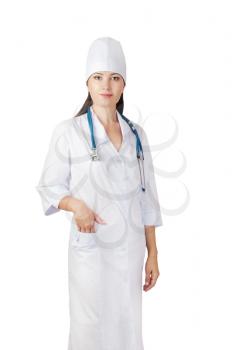 female medical doctor with stethoscope isolated on white background