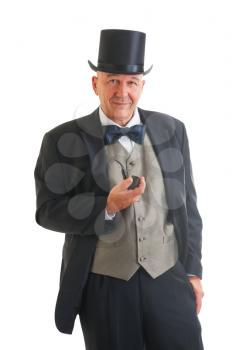 Middle aged  businessman in a retro business suit with smoking pipe isolated on white