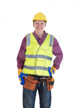 Young smiling construction worker isolated on white background