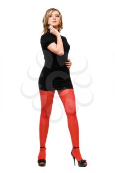 Royalty Free Photo of a Woman in Red Tights and a Black Dress and Shoes
