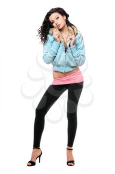 Royalty Free Photo of a Woman in a Blue Jacket and Black Leggings