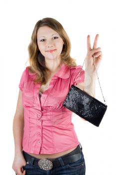 Royalty Free Photo of a Girl Making a Peace Sign While Holding a Purse