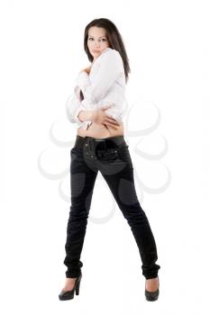 Royalty Free Photo of a Young Woman in Jeans and a White Shirt