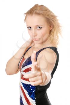 Royalty Free Photo of a Woman in a Union Jack Shirt Pointing