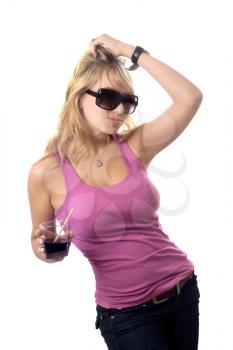 Royalty Free Photo of a Woman in Sunglasses Holding a Drink