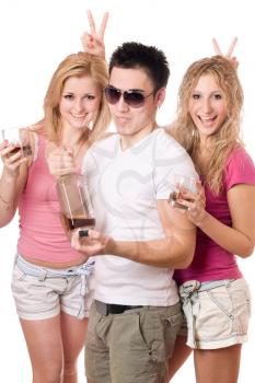 Royalty Free Photo of a Boy, Two Girls and Alcohol