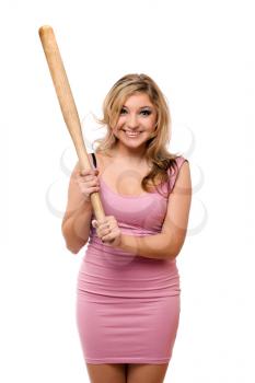 Portrait of funny young blonde with a bat in their hands