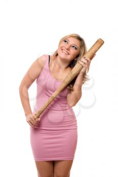 Portrait of happy young blonde with a bat in their hands