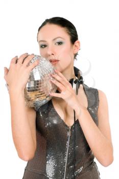 Portrait of brunette with a mirror ball in her hands. Isolated