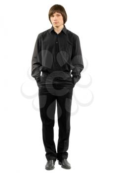 Young man in a black. Isolated on white
