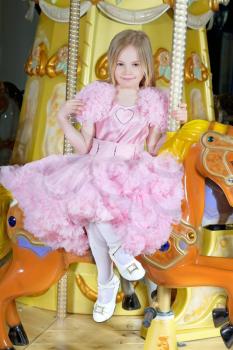 Beautiful little girl in pink dress sitting on a carousel pony