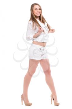 Laughing blond woman posing in white clothes. Isolated on white