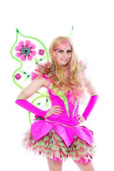 Sexy blond woman wearing pink butterfly costume. Isolated on white