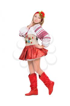 Smiling little blonde wearing Ukrainian national clothes. Isolated on white