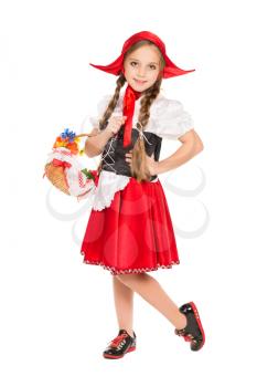 Girl dressed as little red riding hood with basket. Isolated on white