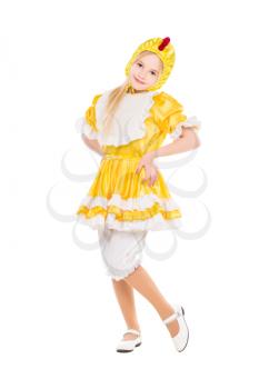 Playful little girl posing in chicken costume. Isolated on white