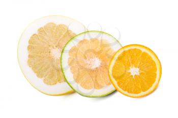 Pomelo, sweetie and orange. Isolated on white