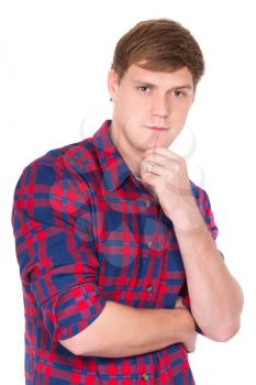 Portrait of handsome young guy posing in checked blue and red shirt. Isolated on white