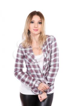 Portrait of young woman wearing checked shirt. Isolated on white