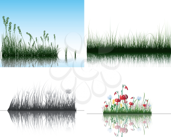 Vector grass silhouettes backgrounds set with reflection in water. All objects are separated.