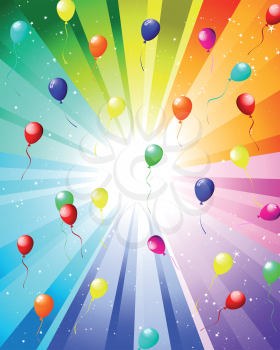 Festive rays with many stars and balloons. Vector illustration.