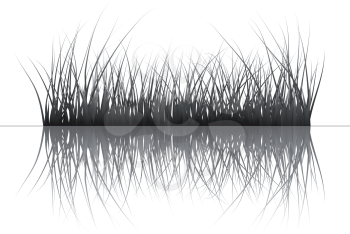 Vector grass silhouettes background with reflection in water. All objects are separated.