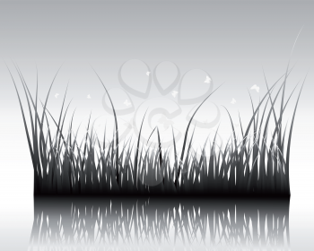 Vector grass silhouettes background with reflection in water. All objects are separated.