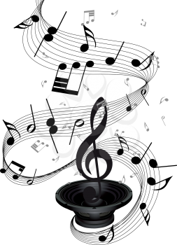 Musical notes staff background with loudspeaker. Vector illustration.