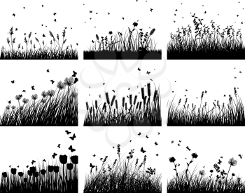 Set of nine meadow background. Vector illustration.