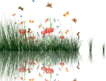 Summer grass with reflections in water. EPS 10 vector illustration.
