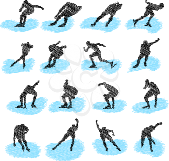 Set of ice-skating athlete grunge silhouettes. Fully editable EPS 10 vector illustration.