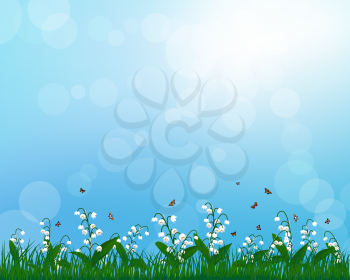 Meadow color background with butterflies and sun. All objects are separated. Vector illustration with transparency. Eps 10.