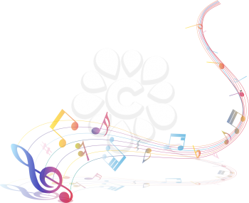 Multicolor musical note staff background. Vector illustration EPS 10 with transparency.