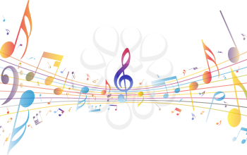 Multicolor musical note staff background. Vector illustration EPS 10 with transparency.