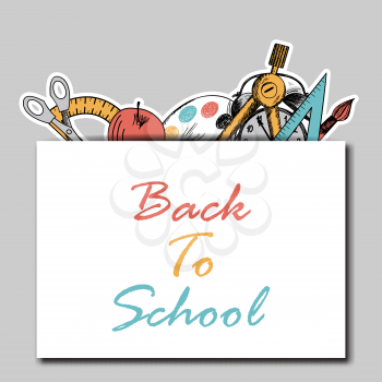 Back to school  in flat design with pocket and education hand drawn symbols