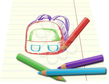 Colorful pnecils drawing school backpack on lined paper