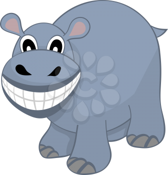 Funny Cartoon Character Hippo With Wide Smile Over White Background.  Hand Drawn in Perspective Elegant Cute Design. Tropical and Zoo  Fauna. Vector illustration. 