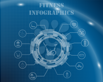 Fitness Infographic Template From Technological Gear Sign, Lines and Icons. Elegant Design With Transparency on Blue Checkered Background With Light Lines and Flash on It. Vector Illustration.   