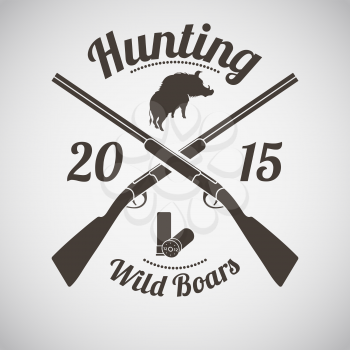 Hunting Vintage Emblem. Cross Hunting Gun With Ammo and Wild Boar Silhouette. Suitable for Advertising, Hunt Equipment, Club And Other Use. Dark Brown Retro Style.  Vector Illustration. 
