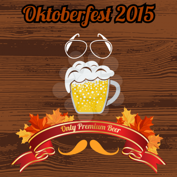 Oktoberfest Emblem. Mug of Beer With Spectacles and Mustache. Red Ribbon With Maple Leaves. Grunge Wooden Background.  Suitable for Fest Attributes, Pub Equipment  And Other Use. Vector Illustration.
