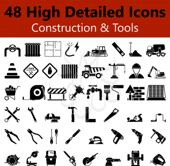 Set of High Detailed Construction and Tools Smooth Icons in Black Colors. Suitable For All Kind of Design (Web Page, Interface, Advertising, Polygraph and Other). Vector Illustration. 