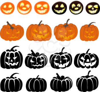 Halloween Holiday Elements Set. Collection With Different Pumpkins Over White Background for Creating Halloween Designs.  Vector illustration.