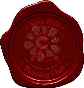 Hunting Vintage Emblem. Cross Hunting Gun With Ammo and Wild Bear Silhouette. Suitable for Advertising, Hunt Equipment, Club And Other Use. Dark Red Retro Seal Style. Vector Illustration. 