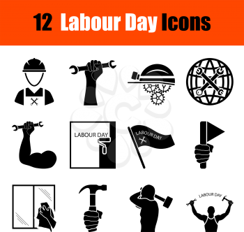 Set of twelve Labour Day black icons. Vector illustration.