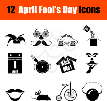 Set of twelve April Fool's day black icons. Vector illustration.